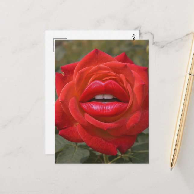 Cartão Postal Rosa Vermelha com Colagem de Lábios (Frente/Verso In Situ)
