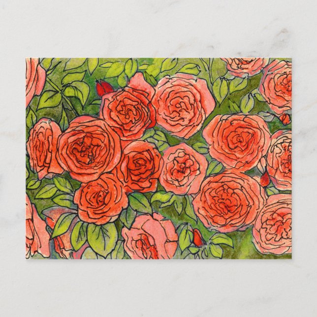 Cartão Postal Rosa vermelha, Rosa do Jardim Verde, Desenho Flora (Frente)