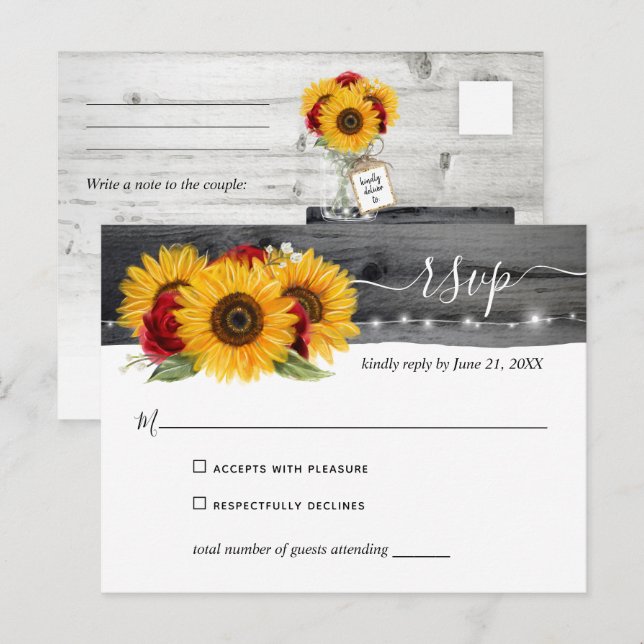 Cartão Postal Rosa vermelha Rustic Watercolor RSVP — Casamento S (Frente/Verso)