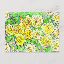 Cartão Postal Rosas Amarelas, Folhas Verdes Jardim de Rosas Arte