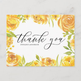 Cartão Postal Rosas Amarelos de Aquarela e Peônias Obrigado