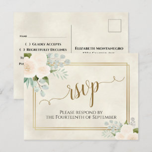 Cartão Postal Rosas Brancas & Eucalipto Dourado RSVP Casamento
