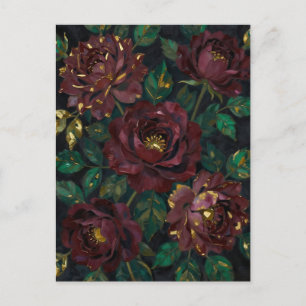 Cartão Postal Rosas Burgundy de Luxo Folhas Florais a Ouro
