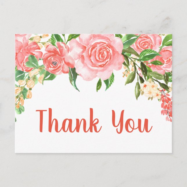 Cartão Postal Rosas Cor-de-rosa em Aquarela Agradecimento (Frente)