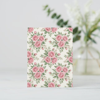 Cartão Postal Rosas Cor-de-Rosa em Aquarela Vintage Padrão Flora