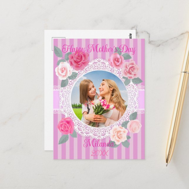 Cartão Postal Rosas Cor-de-Rosa Feliz Dia das Mães (Frente/Verso In Situ)