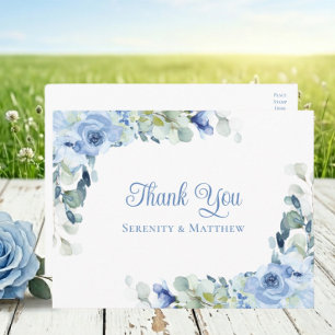 Cartão Postal Rosas de água-forte azuis de casamento Agradecimen