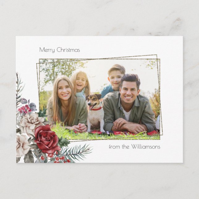 Cartão Postal Rosas de Aquarela Elegante, Pino e Foto de Quadro  (Frente)