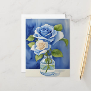 Cartão Postal Rosas de azul de aquarelas em A Vase