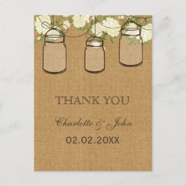Cartão Postal rosas de marfim de burlap jars mason Obrigado
