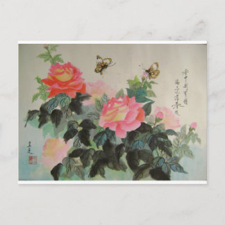 Cartão Postal rosas e borboletas