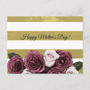 Cartão Postal Rosas Elegantes,Textura,Listras Douradas e Brancas