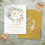 Cartão Postal Rosas Garland 50º Aniversário Salvar a Data<br><div class="desc">Com uma delicada cor d'água, verde-floral, este cômico aniversário de 50 anos de casamento, exceto o convite para data, pode ser personalizado com sua informação especial, exceto a data. O reverso apresenta uma garland floral correspondente que enquadra suas datas de aniversário em um texto branco elegante sobre fundo dourado. Projetado...</div>