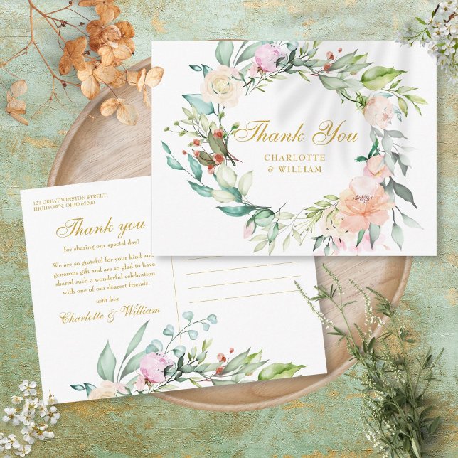 Cartão Postal Rosas Guarlanda Floral Dourada Agradecimento Scrip (Roses Floral Garland Gold Script Thank You Postcard)