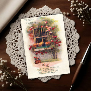 Cartão Postal Rosas na Janela Antigo 1920 Saudações de Aniversár
