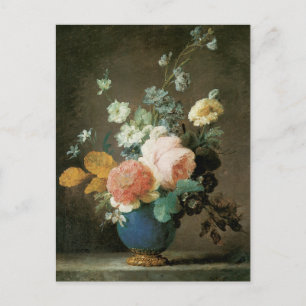 Cartão Postal Rosas, Ranunculus e Outras Flores num Vaso Azul