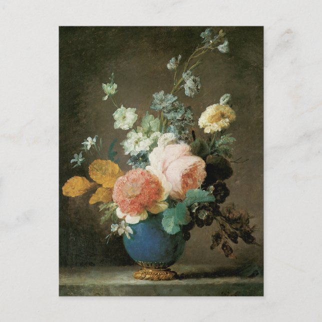 Cartão Postal Rosas, Ranunculus e Outras Flores num Vaso Azul (Frente)