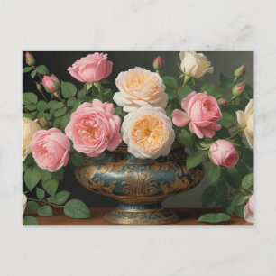 Cartão Postal Rosas Rosa e Creme em Vaso Antigo
