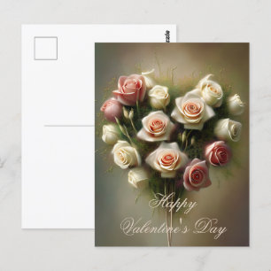 Cartão Postal Rosas rosa suave buquê coração dia dos namorados