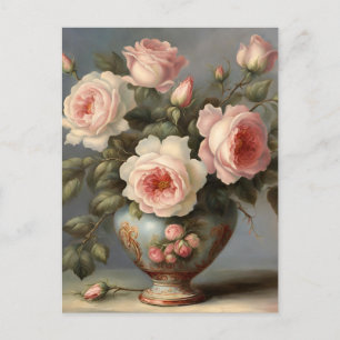 Cartão Postal Rosas Rosa Vitorianas em um Vaso 