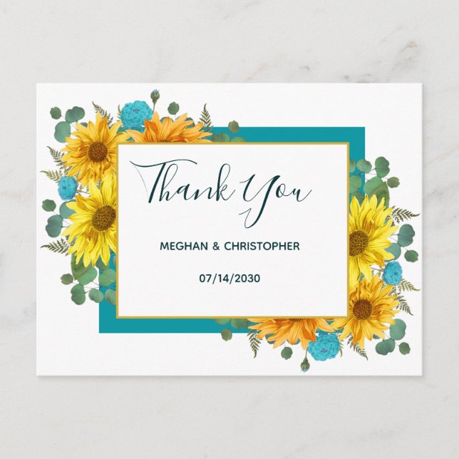Cartão Postal Rosas Rustic Sunflower Chic Teal Casamento Obrigad (Frente)