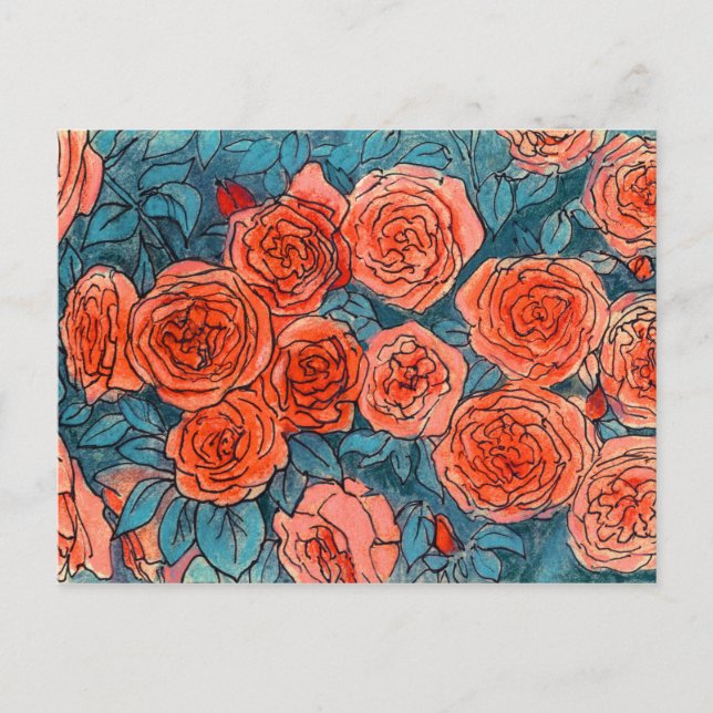 Cartão Postal Rosas Vermelhas, Jardim de Rosas, Esboço de Tinta  (Frente)