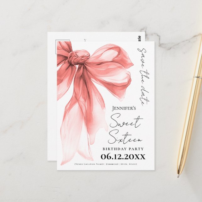 Cartão Postal Rose Gold Bow Coquette Sweet 16 Save the Date  (Frente/Verso In Situ)