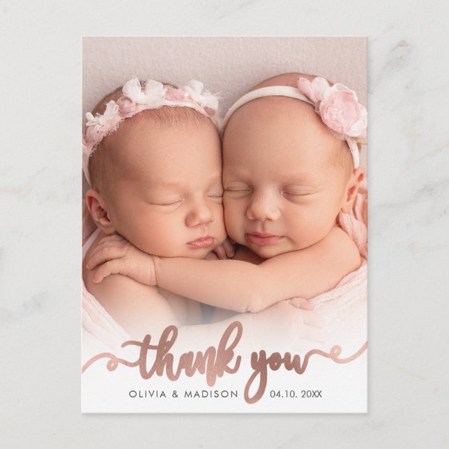 Cartão Postal Rose Gold Script Girl Twins Baby Photo Thank You (Frente)