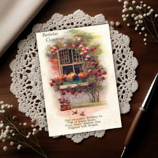 Cartão Postal Rosetas de Janela Vintage 1920 Saudações de Aniver