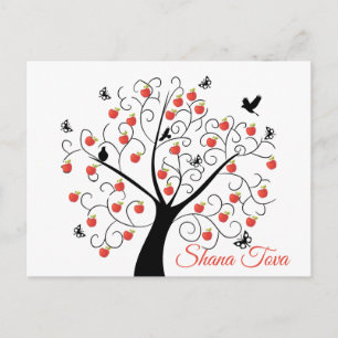 Cartão Postal Rosh Hashanah Apple Tree com Pássaros e Borboleta