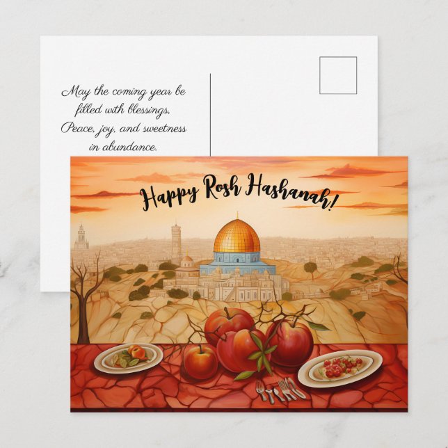 Cartão Postal ✡️ Rosh Hashanah com Domo de Rock & apple (Frente/Verso)