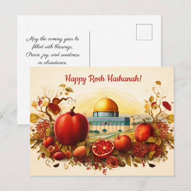 Cartão Postal ✡️ Rosh Hashanah com Domo de Rock & apple (Frente/Verso)