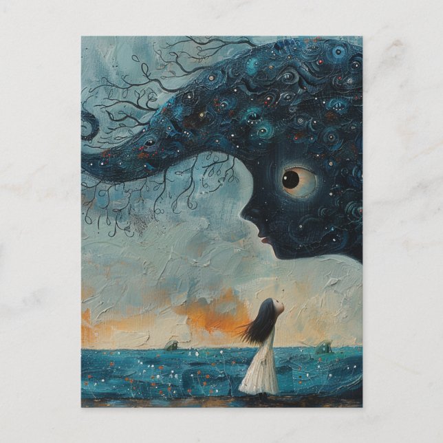 Cartão Postal Rosto Azul Surreal e Rapariga (Frente)