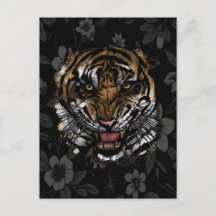 Cartão Postal Rosto de Tigre Feroz com Floral Branco Estética Gó