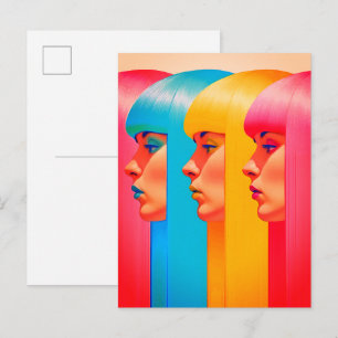Cartão Postal Rostos Coloridos Perfis Laterais Multicor Vibrante