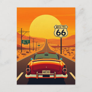 Cartão Postal Rota 66 Pôr do Sol Vintage na Rodovia com Carro