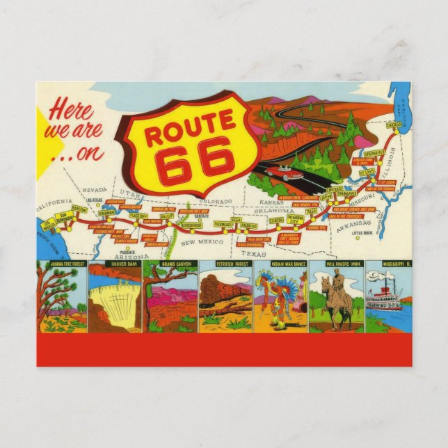 Cartão Postal Rota 66 Vermelho Retrô (Frente)