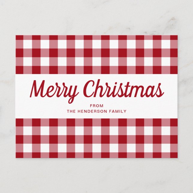 Cartão Postal Rote Gingham Feliz Natal Script  (Frente)