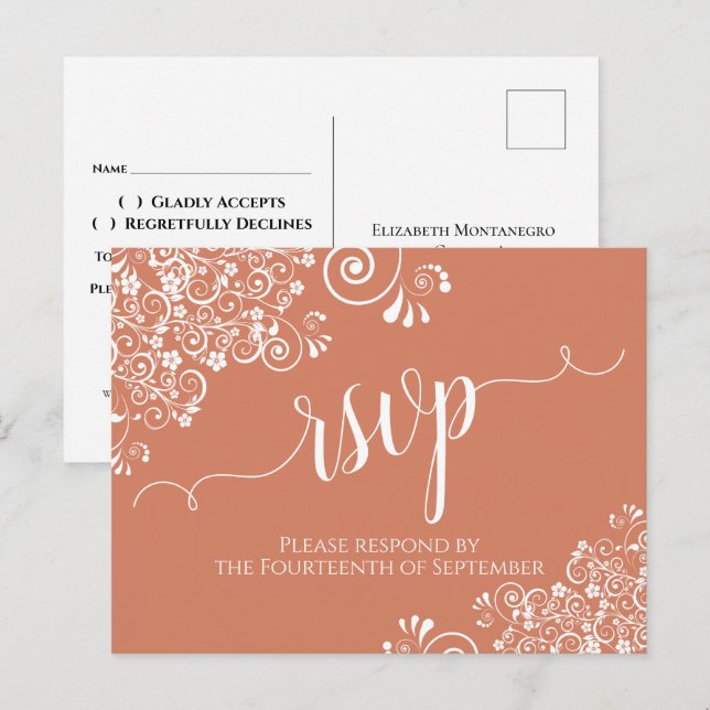 Cartão Postal Roteiro Branco sobre Terracotta Coral Wedding RSVP (Frente/Verso)