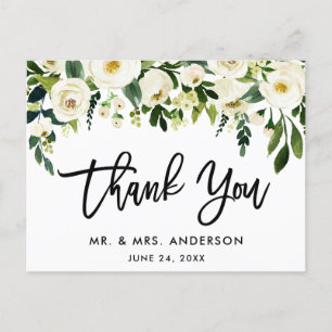 Cartão Postal Roteiro de Pincel Verde Branco Floral Casamento Ob