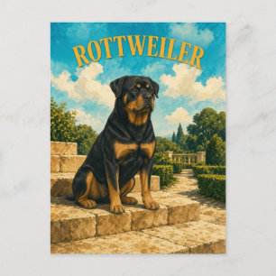 Cartão Postal Rottweiler, Arte de Cachorro em Aquarela Vintage