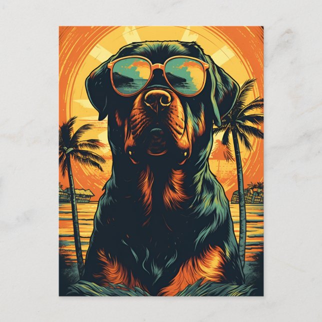 Cartão Postal Rottweiler com óculos de sol na praia (Frente)
