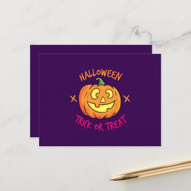 Cartão Postal Rótulo de Abóbora de Halloween Presente ou Travess (Frente/Verso In Situ)