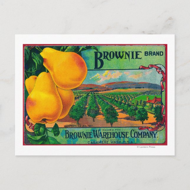 Cartão Postal Rótulo de Caixa de Pêra BrownieCashmere, WA (Frente)