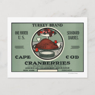 Cartão Postal Rótulo de Cranberry da Marca Turkey de Cape Cod