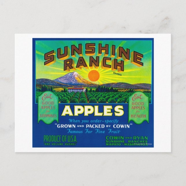 Cartão Postal Rótulo de Maçã Sunshine Ranch - Wapato, WA (Frente)