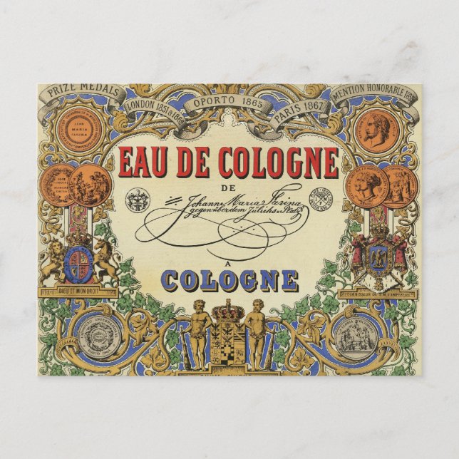 Cartão Postal Rótulo Romântico de Perfume Parisiense Vintage. (Frente)