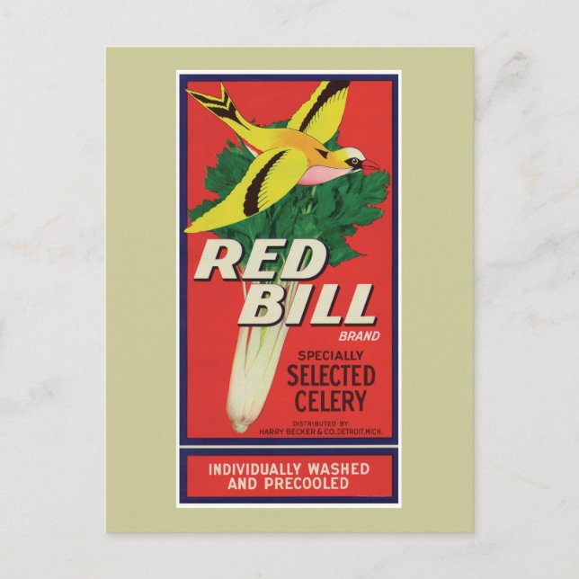 Cartão Postal Rótulo Vintage Red Bill Celeron (Frente)