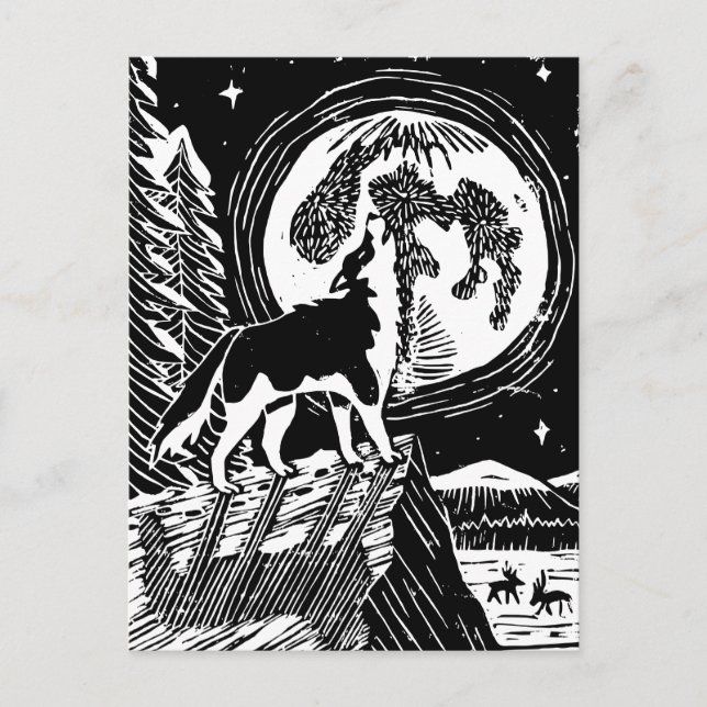 Cartão Postal Rouco de Howling Preto e Branco no Linocut da Noit (Frente)