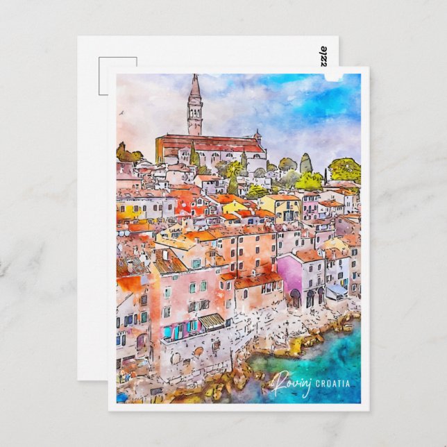 Cartão Postal Rovinj Croácia Viagem Place Watercolor (Frente/Verso)
